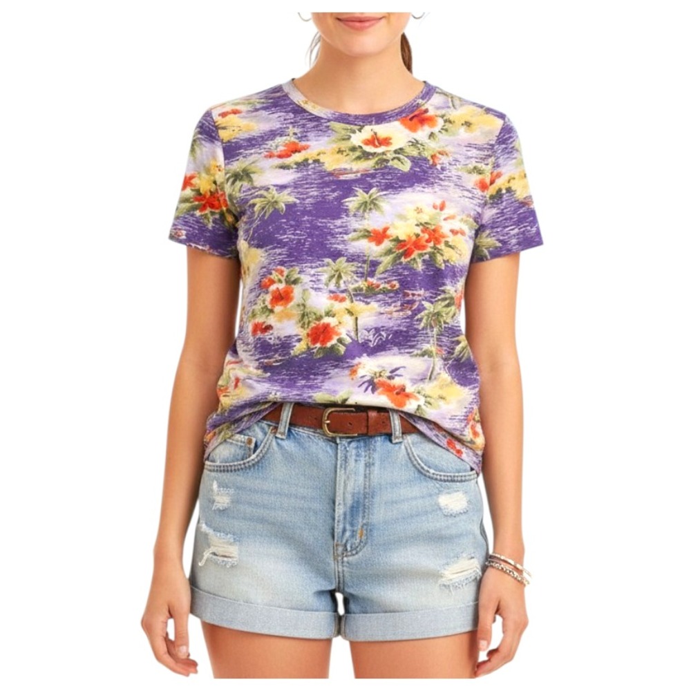 NWT Faherty Organic Cotton SUNWASHED TEE TOP T-SHIRT Purple Hawaiian Print SZ M